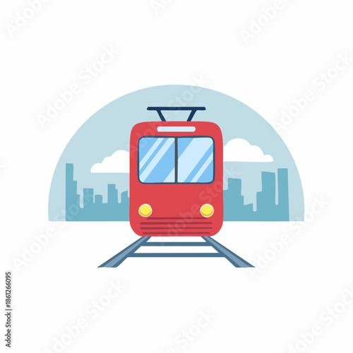 Red Subway Train Approaching with City Skyline in Background, Flat Vector Illustration of Public Transportation