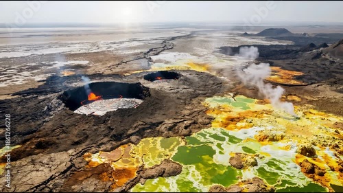 Aerial View of Danakil Depression Ethiopia wide angle view extreme volcanic terrain desert Scenic Travel Destination Landmark 4K UHD Video Footage