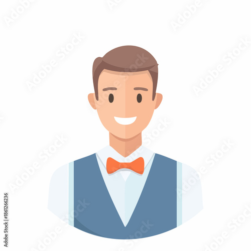 Smiling Man in Vest and Bow Tie Portrait Illustration Character Design