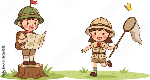 Cute Children Exploring Nature With Map And Net Cartoon Vector Illustration For Adventure Discovery And Outdoor Learning Concept