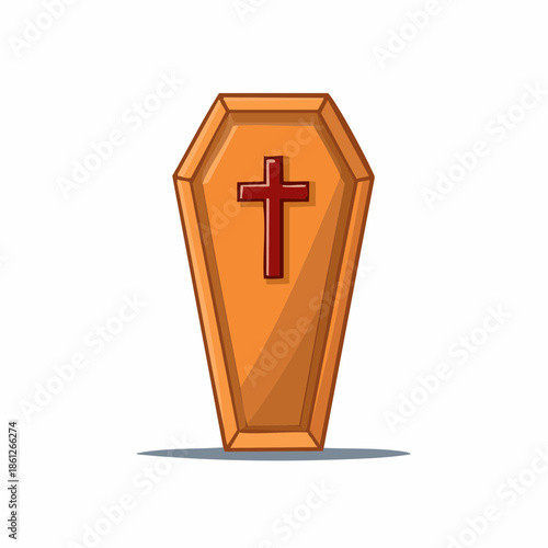 Open Coffin with a Cross Graphic Illustration on White Background for death, grief, Halloween