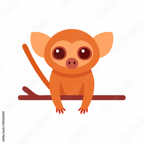 Cartoon Tarsier Sitting on Branch with Big Eyes and Orange Fur Animal Illustration