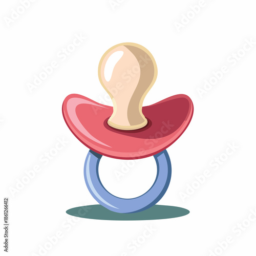 Isolated illustration of a simple baby pacifier featuring a pink guard, beige nipple, and a blue circular handle.