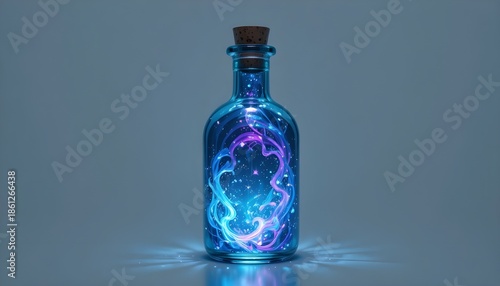  
Magic potion bottle, elegant glass vial with glowing liquid inside, swirling mystical colors (blue, purple, green) emitting soft radiant light, reflections on the glass surface, subtle magical spark