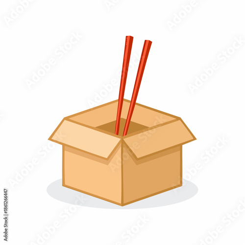 Takeout Box with Chopsticks Cartoon Illustration Asian Food Brown Container Chinese Restaurant
