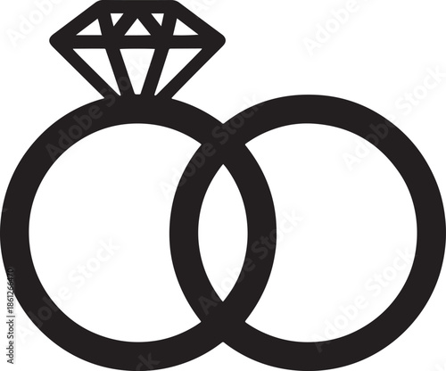 A simple black graphic of two interlocking wedding rings with diamond
