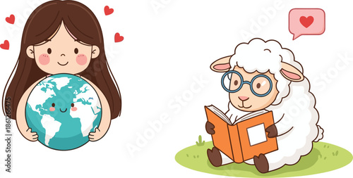 Cute Girl Hugging Earth And Sheep Reading Book Cartoon Vector Illustration For Love Learning And Kindness Concept