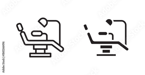 Dentist chair icons, black line art and clipart vector logo