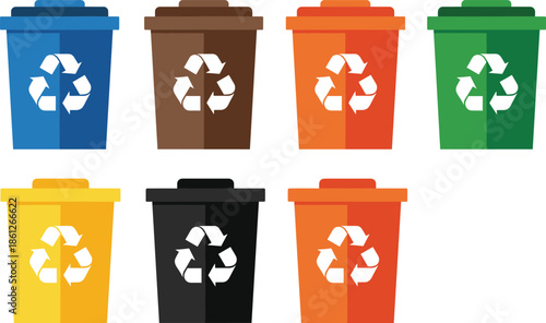 Colorful recycling bin collection featuring various waste containers with recycle symbols for garbage sorting environmental sustainability trash management and flat vector design.