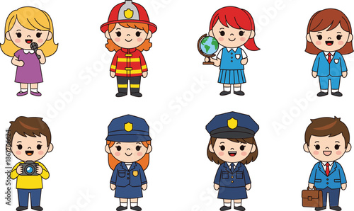 Cute Children Wearing Different Professions Costumes Cartoon Characters Set Vector Illustration For Career Education Concept