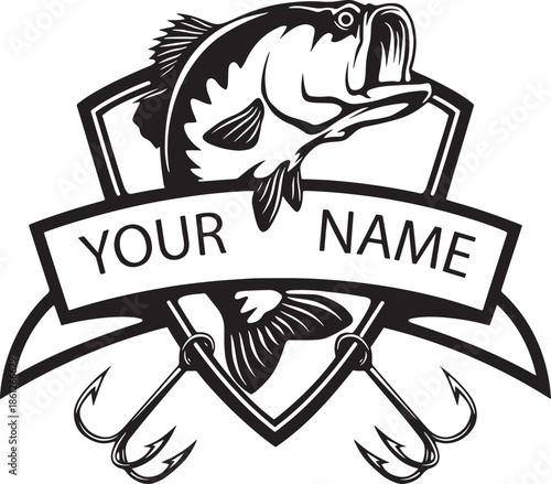 A black and white illustration of a fish with a fishing hook and a banner for a name