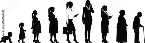 Evolution of a woman from infant to senior, including childhood, pregnancy, professional business career stages, elderly retirement, and aging process, isolated vector illustration.