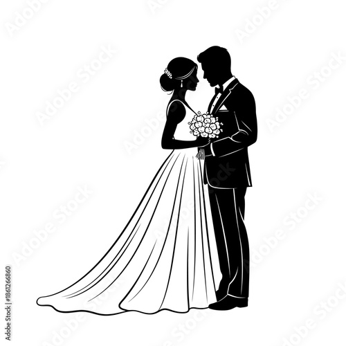 Elegant silhouette of a bride and groom in formal wear, holding a bouquet, symbolizing marriage and commitment