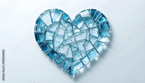   
Heart shape made of shattered glass pieces, fragments reassembled perfectly, symbolizing healing and restoration, realistic glass texture with reflections and subtle refractions, soft highlights an
