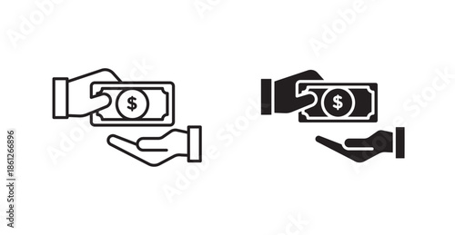 Hand money exchange icons, black line art and clipart vector logo