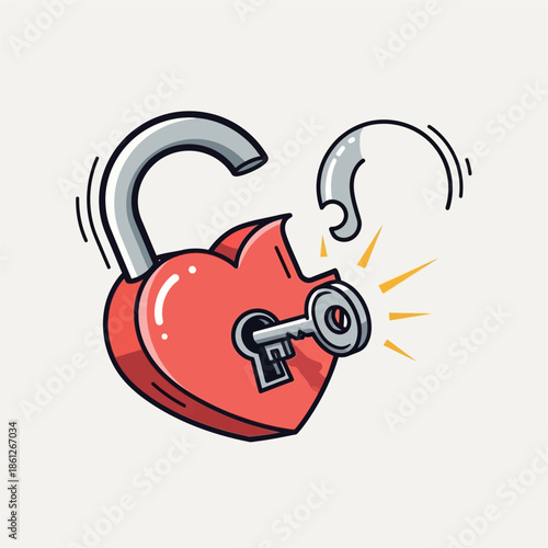 Whimsical illustration of a heart shaped padlock being unlocked with a key, symbolizing freedom and new beginnings