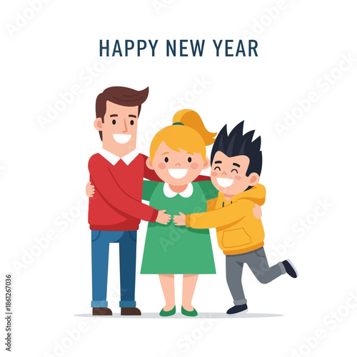 Joyful father, daughter, and son embracing, celebrating happy new year with cheerful smiles against a clean white background in a flat vector style illustration