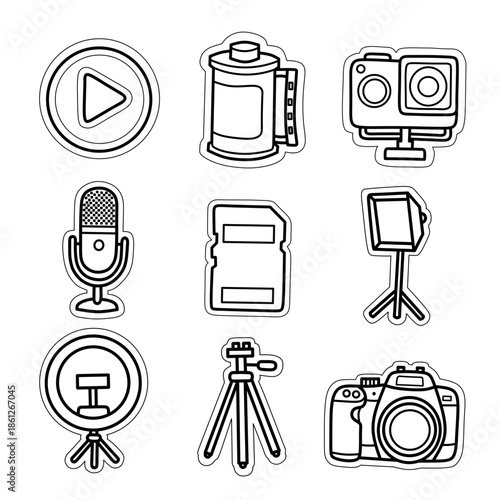 Cute Photography and Video Creator Sticker Sheet. Printable vector set of camera, tripod, and lighting with white border style.