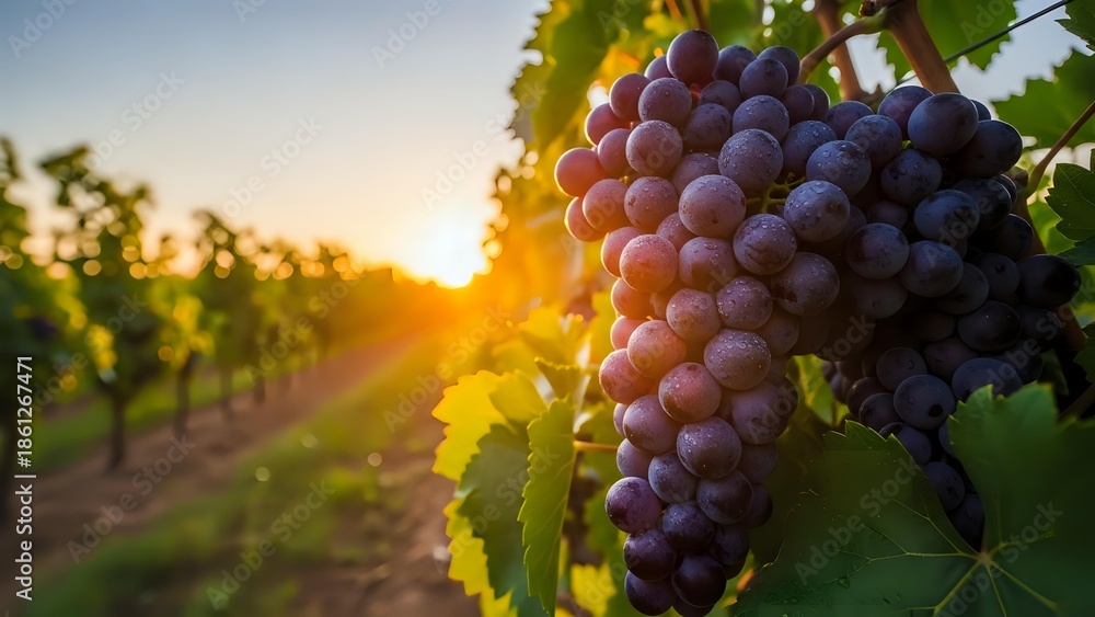 Fototapeta premium Ripe purple grapes hanging on vine in vineyard at golden hour sunset. Wine making harvest season in agricultural landscape with warm sunlight filtering through leaves.