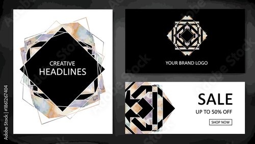 Modern abstract geometric design templates with elegant polygonal frames and textured patterns, perfect for contemporary branding, marketing, and creative projects