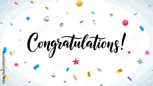 Elegant handwritten calligraphy of the word Congratulations surrounded by a festive scattering of confetti and streamers