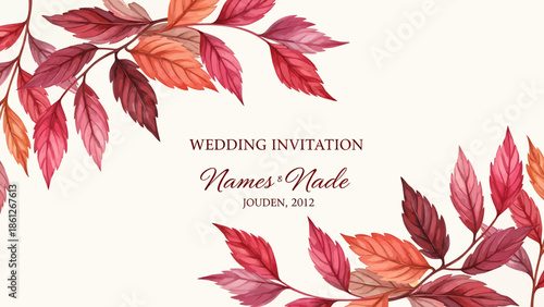 Elegant Wedding Invitation Template featuring Hand-Drawn Autumn Leaves, perfect for Fall Season Celebrations and Special Occasions with a Rustic and Romantic Charm