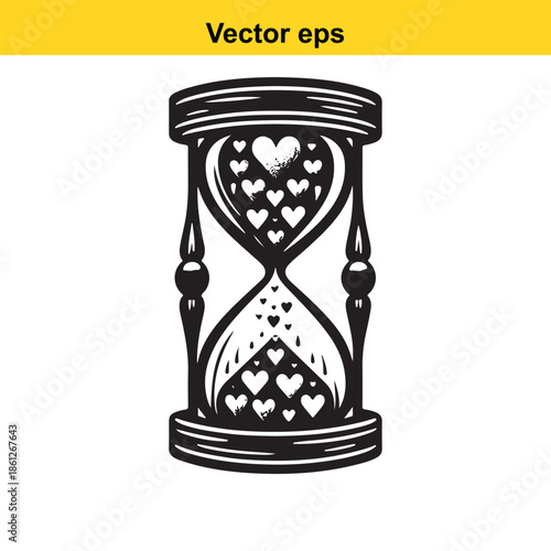 A detailed black and white illustration of an hourglass where flowing hearts replace the sand