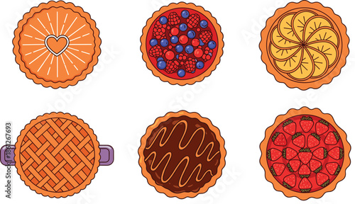 Delicious fruit and berry pie collection featuring strawberry blueberry raspberry orange chocolate and lattice crust designs for bakery menu and flat vector.