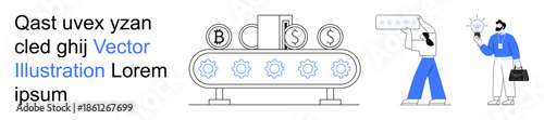 Cryptocurrency, fintech investments, automation systems, financial growth, innovative ideas, teamwork. Conveyor belt showing cryptocurrency symbols and person holding idea bulb. Cryptocurrency