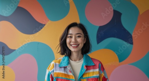 colorful casual happy on creative mural wall background asian woman portrait fashion style concept photoshoot for banner