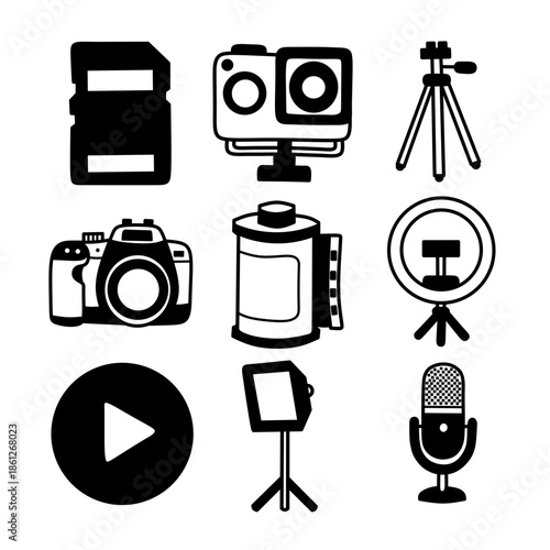 Detailed Black Camera and Video Icons. Vector set of photography gear glyphs with internal negative space lines.