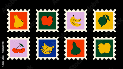 Fotografía Minimalist retro fruit postage stamps with banana, apple, pear, lemon and cherries