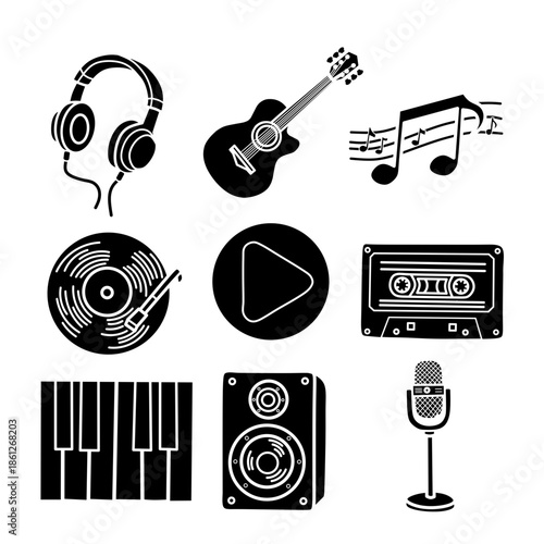Solid Black Music and Sound Equipment Glyph Icon Set. Minimalist silhouette vector collection of guitar, headphone, and player.