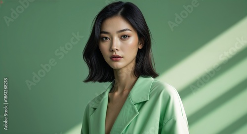 green modern posing on fresh daylight studio background asian woman portrait fashion style concept photoshoot for banner