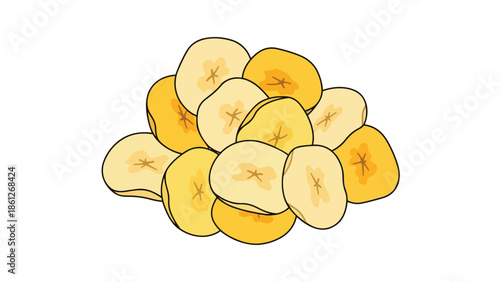 A delightful depiction of golden yellow banana chips piled high, offering a naturally sweet and healthy snack. These wholesome fruit slices provide