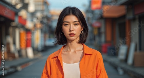 orange casual serious on late afternoon street background asian woman portrait fashion style concept photoshoot for banner