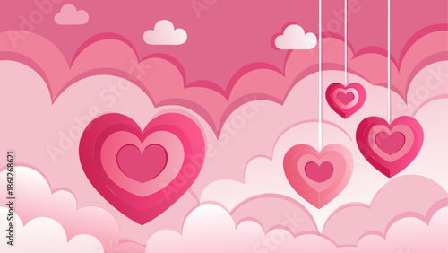 Floating pink hearts in a cloudy sky vector art for valentine's day or romantic designs