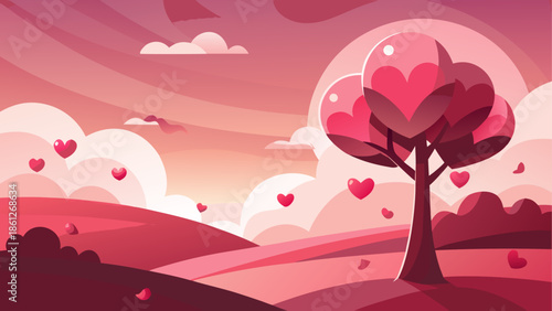 Dreamy pink landscape with a heart tree and floating love symbols under a pastel sky