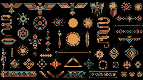 Collection of Native American Inspired Geometric Symbols and Ornaments in Teal, Orange, and Black