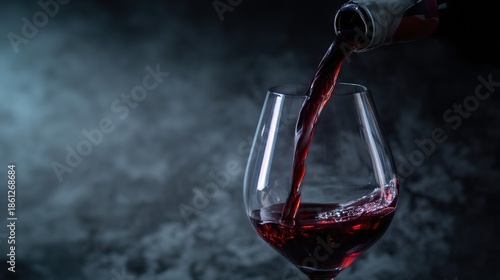 goblet. Wine pouring into a glass from above, rich burgundy liquid with motion. bar promotions, beverage menus, designed for product packaging and bar promotions, elevates brand perception.