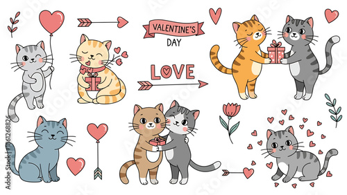 Sweet Cartoon Cats Celebrating Valentine's Day Adorable Feline Characters with Hearts, Gifts, and Love Arrows, Perfect for Romantic Holiday Illustrations and Designs