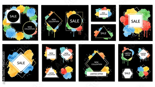 Collection of watercolor splash sale banners with geometric frames and black background