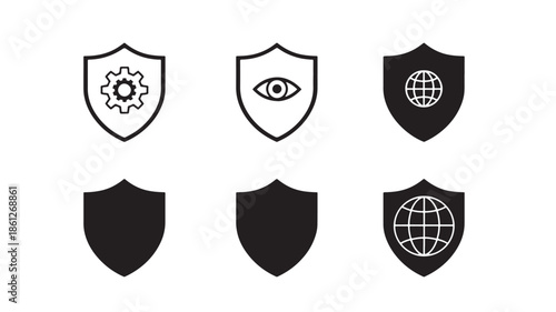 Shield icons for security and protection, various designs and symbols