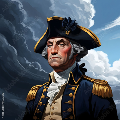 George Washington in tricorn hat and naval uniform against stormy sky president day 2026 America