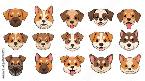 Collection of adorable dog faces with varied expressions, showcasing different breeds and personalities in a charming cartoon style