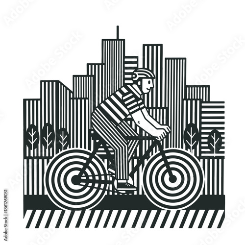 A cyclist	riding a bicycle with striped wheels