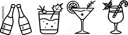 
A series of four minimalist black and white line-art icons depicting clinking bottles and various garnished festive cocktails.