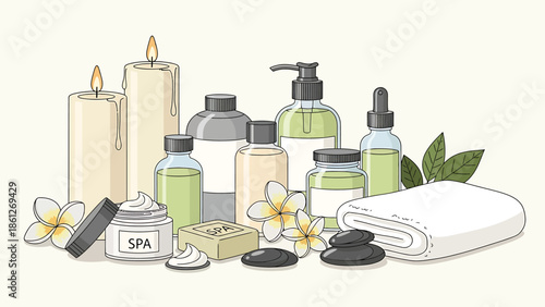 Collection of spa and relaxation items including candles, lotions, stones, and towels for a serene and tranquil experience