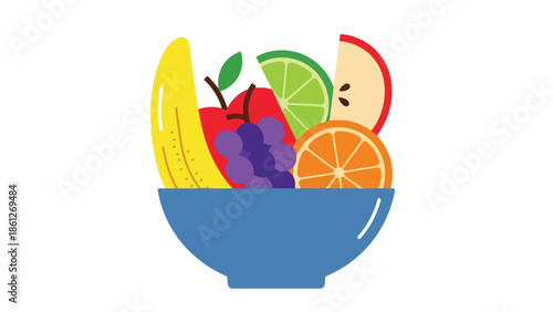 Bright flat illustration of assorted fresh fruits nestled in a blue bowl. This graphic represents healthy eating, vibrant nutrition, and balanced