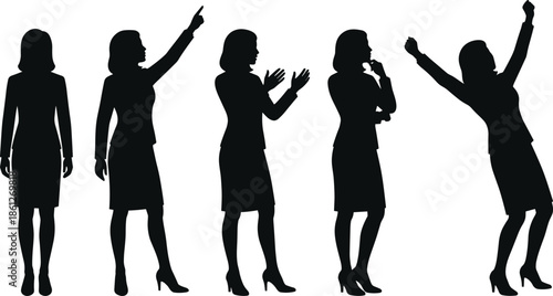 Businesswoman silhouette collection displaying multiple professional gestures and confident poses, leadership communication concept, corporate body language illustration isolated